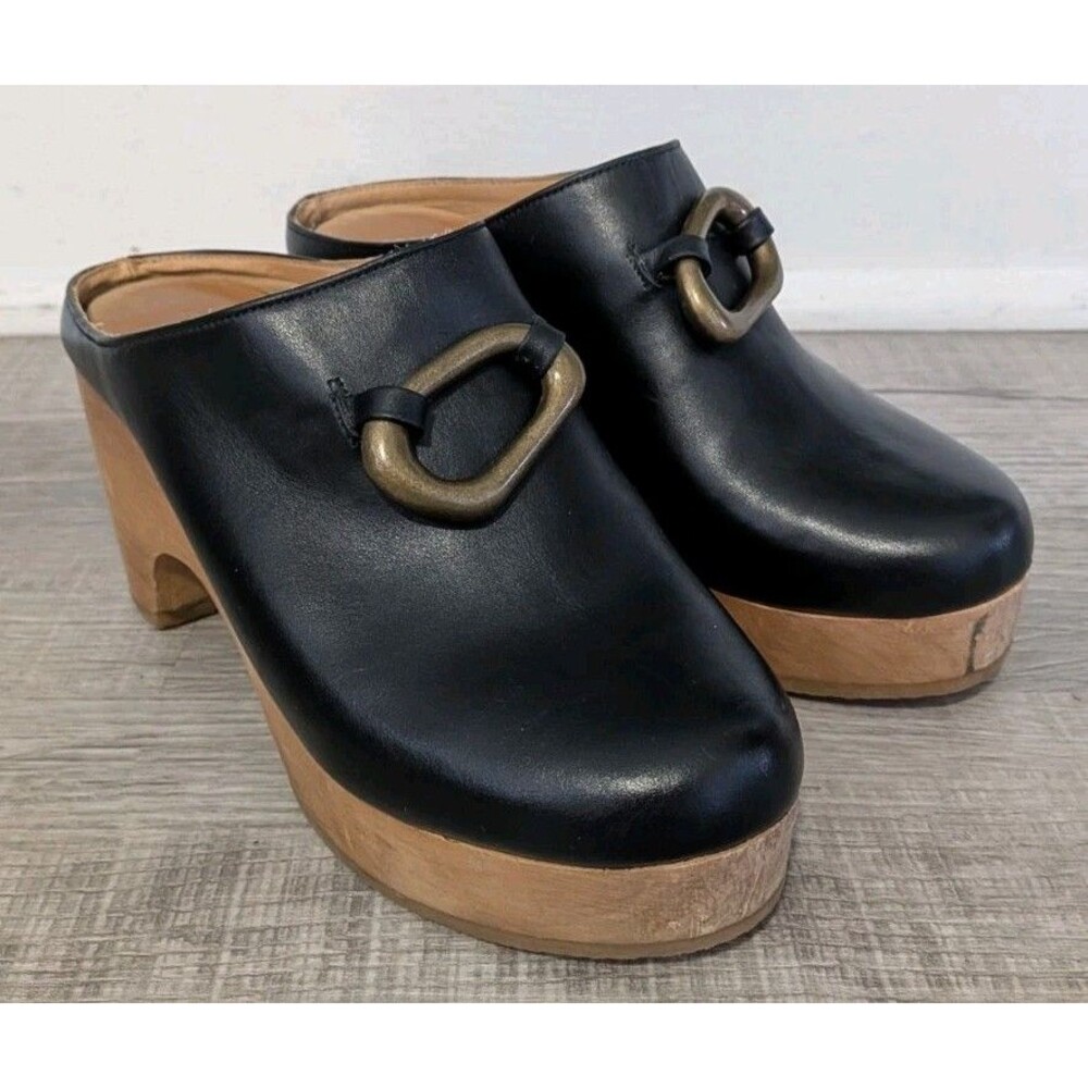 Frame Le Ione Black Leather Wooden Platform Clog Mules Brass Buckle US 8 EU 38.5